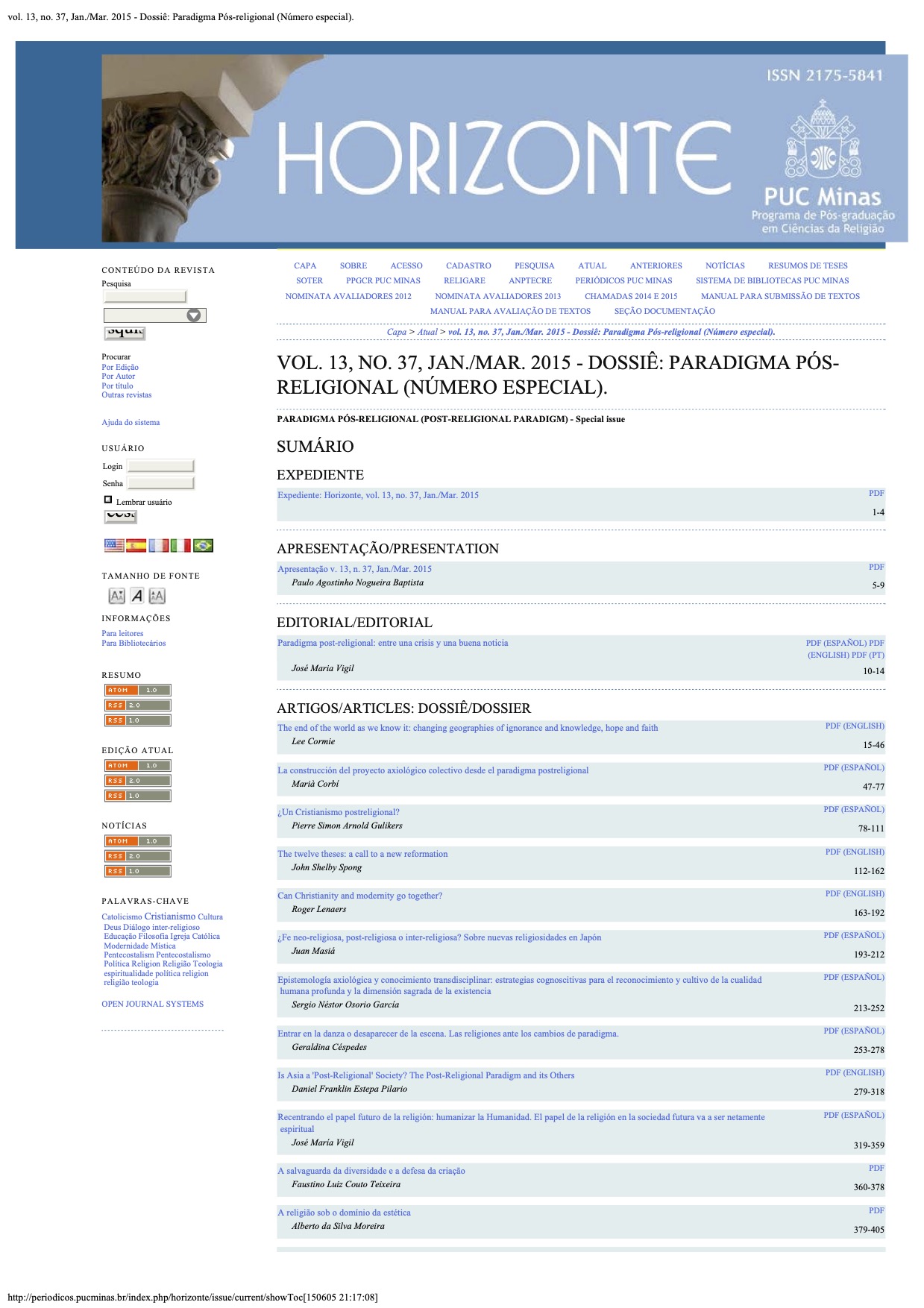 Portada Revista Horizonte Monográfico Paradigma Pos-religional